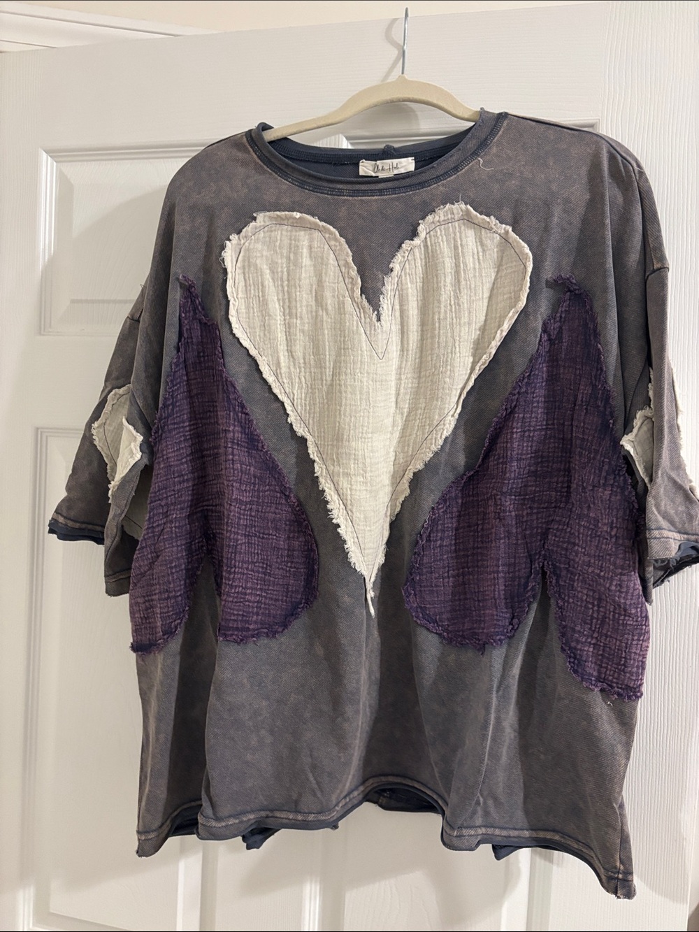 Heart Patchwork Boxy Tee in Gray with Cream & Purple Hearts